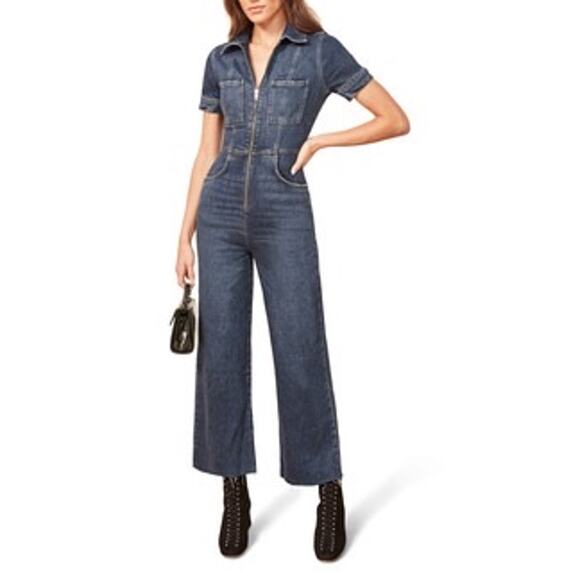 Reformation Dark Denim jumpsuit wide leg patch pockets short sleeve size 2 - Picture 3 of 9